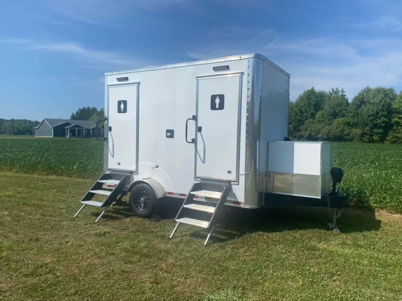 2-stall restroom trailer exterior with two entry doors